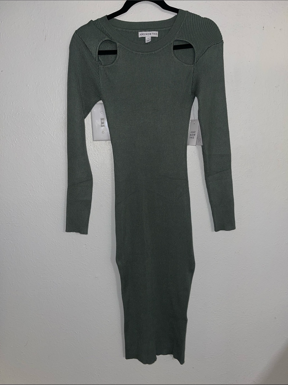 And Now This Olive Green Ribbed Long-Sleeve Cutout Midi Dress